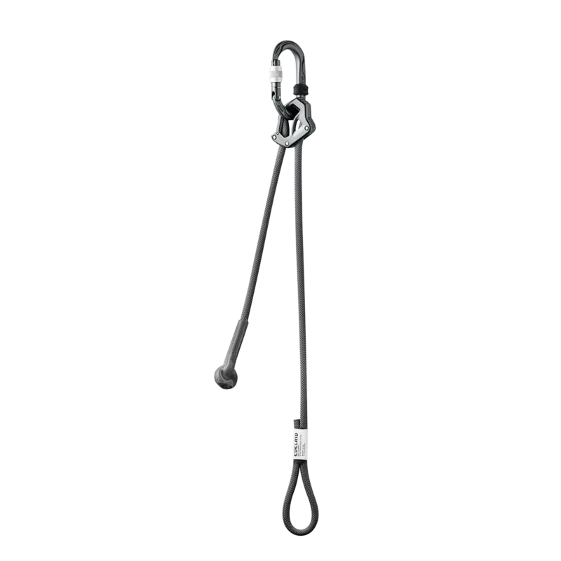 edelrid-pakhura-adjust-840481200170-1 Fully extended Edelrid Pakhura Adjust lanyard showing the complete assembly. It features a tactical olive-drab green dynamic kernmantle rope with a large sewn attachment loop at one end and an integrated black aluminum Kiwi Screw carabiner at the other. The rope passes through a sleek, matte black ergonomic metal rope clamp used for manual length adjustment.