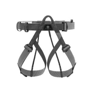 Petzl Pandion Steel tactical sit harness front photo in black featuring color-coded leg loops and steel DOUBLEBACK waist belt buckle