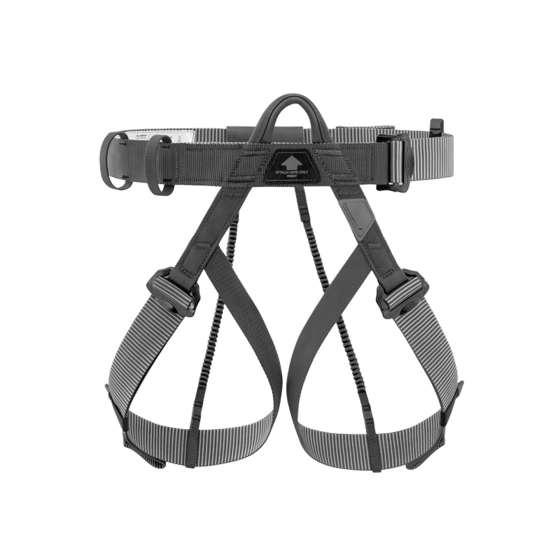 Petzl Pandion Steel tactical sit harness front photo in black featuring color-coded leg loops and steel DOUBLEBACK waist belt buckle